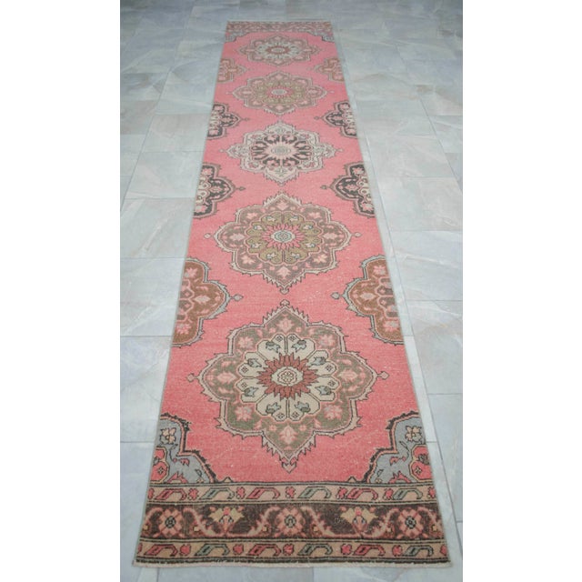 Pink 1970s Distressed Oushak Runner Rug Low Pile Faded Colors Pink Hallway Decor - 2'8″ X 12'7″ For Sale - Image 8 of 13