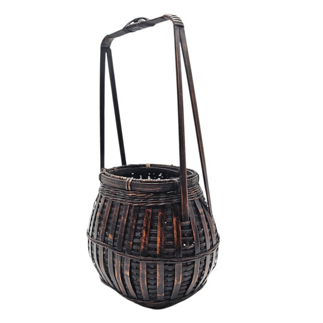 Late 20th Century VTG Rattan Ikebana Woven Basket Style Handle Carrier Japanese Style 1980s 12" For Sale - Image 5 of 10