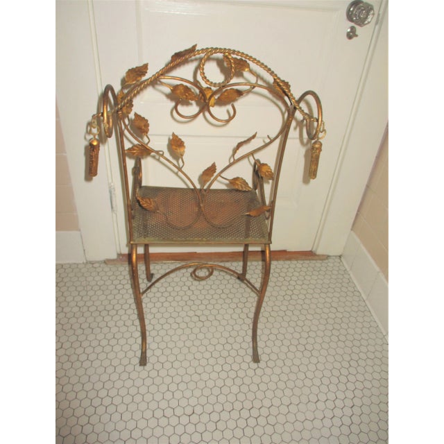 Hollywood Regency 1930s Vintage Italy Toleware Gold Tassel & Leaf Design Petite Chair For Sale - Image 3 of 12