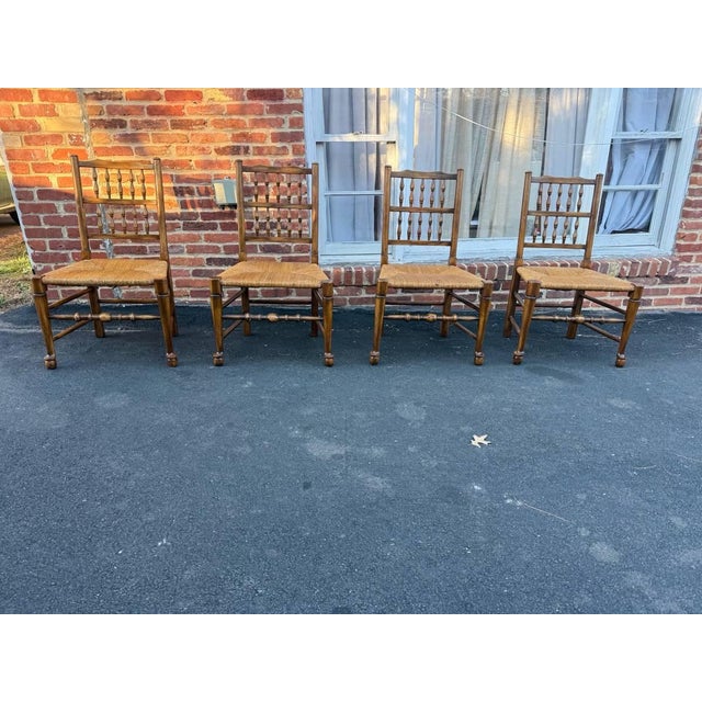 Vintage English Country Lancashire Spindle Back Rush Seat Dining Side Chairs. Set of 4. Marked by Barnard & Simonds Co....