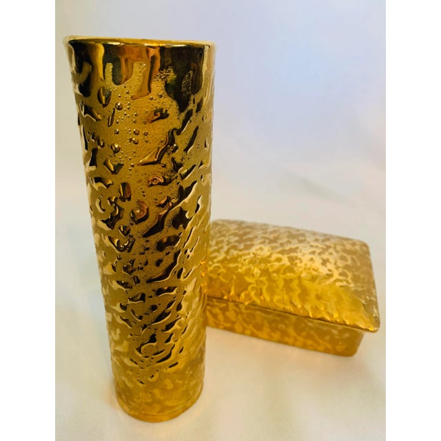 Art Nouveau 1970s 22 Kt Gold Ceramic Bud Vase and Trinket Box Vanity Set - 2 Pieces For Sale - Image 3 of 13