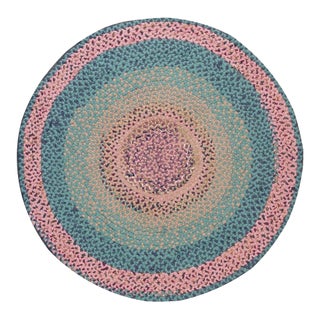 1980s Vintage Multicolor Medallion American Braided Handwoven Wool Round Rug For Sale