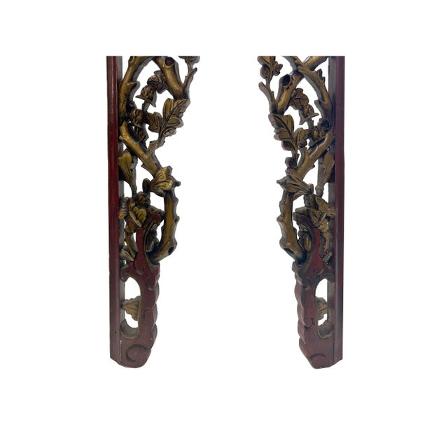 Chinese Pair Chinese Vintage Golden Flower Carving Corner Shape Wood Wall Art For Sale - Image 3 of 4