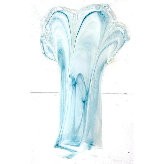 Tall 15.5” Murano Italian Blown Glass Fazzoletto Lily Vase – Aqua Alabastro Swirl For Sale - Image 9 of 14