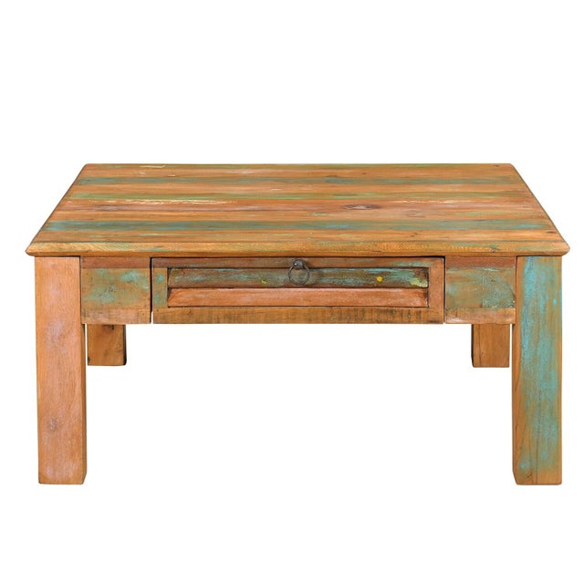 Far Pavilions 1990s Rustic Brown Reclaimed Wood Square Coffee Table With Drawers For Sale - Image 4 of 5