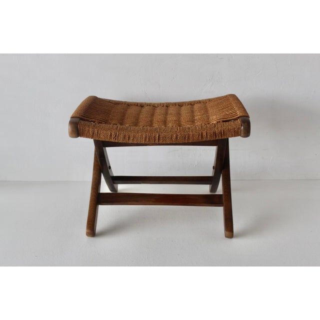 Mid-Century Danish Modern Hans Wegner Style Wood Rope Cord Folding Stool Ottoman For Sale - Image 12 of 18