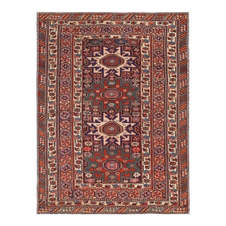 1890s Blue Navy Geometric Tribal Antique Caucasian Shirvan Lesghi Rug 3'6" X 4'6" Hand Knotted Pile Wool Carpet For Sale