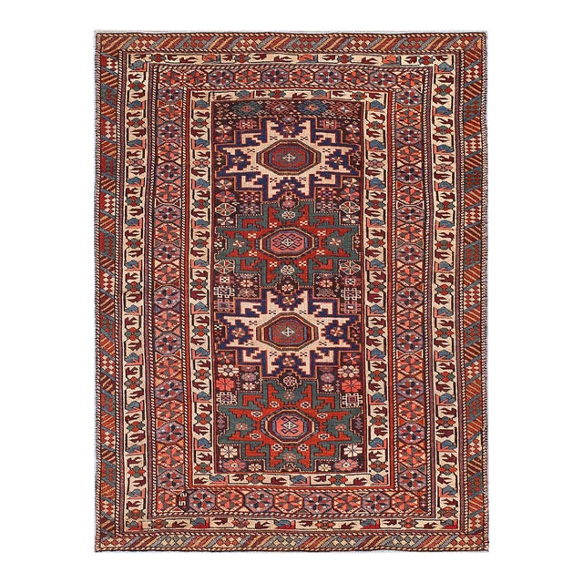 1890s Blue Navy Geometric Tribal Antique Caucasian Shirvan Lesghi Rug 3'6" X 4'6" Hand Knotted Pile Wool Carpet For Sale