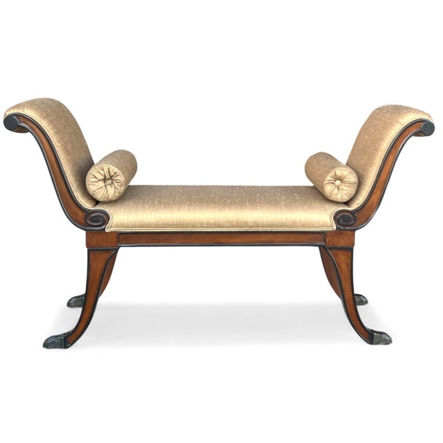 Restored Vintage Mahogany X-Design Bench With Brass Claw Feet and Gold Upholstery For Sale - Image 4 of 14