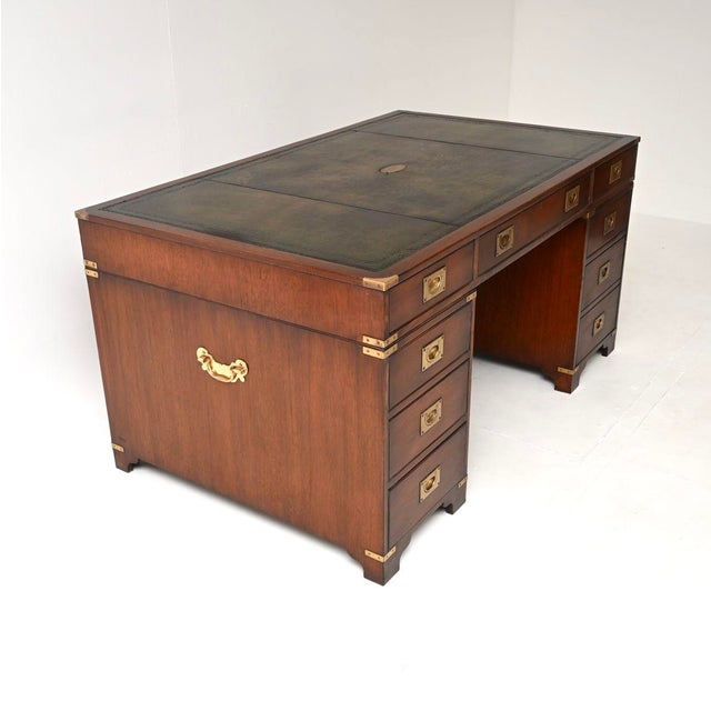 1950s Antique Leather Top Military Campaign Partners Desk, 1950 For Sale - Image 5 of 11