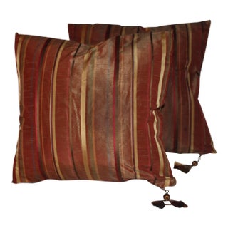Pair Golden/Copper Striped Taffeta Pillows With Tassels For Sale