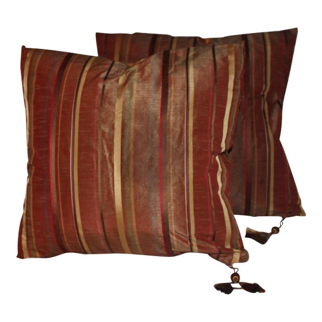 Pair Golden/Copper Striped Taffeta Pillows With Tassels For Sale