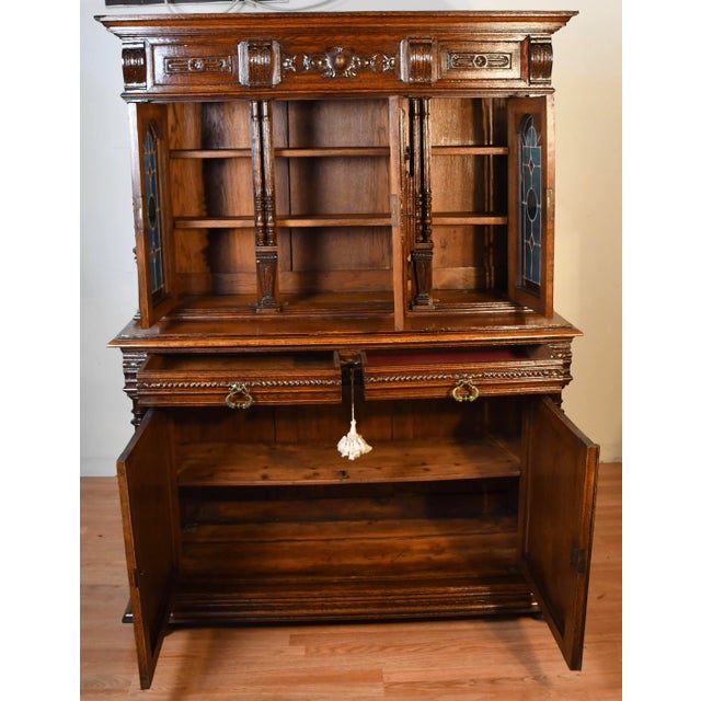 1860s Antique French Gothic Revival Solid Oak & Stained Glass Doors Cabinet For Sale - Image 12 of 18