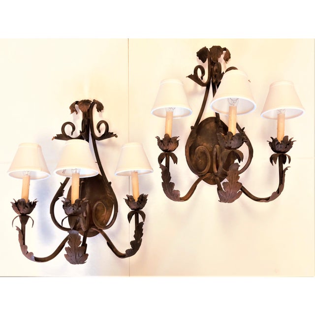 Vintage French Country Bronze 3Candle Wall Sconces With White Linen