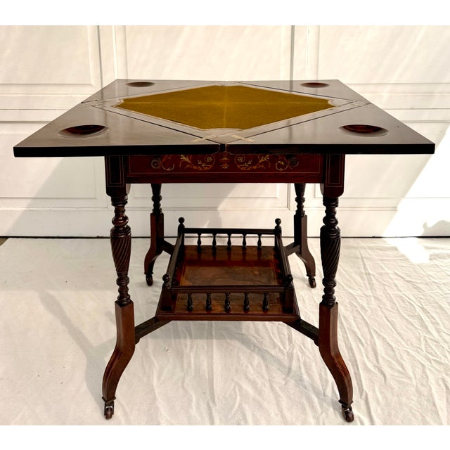 Antique Louis XVI Marquetry Envelope Folding Game Table With Felt Top & Drawer For Sale In Los Angeles - Image 6 of 18