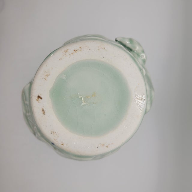 Ceramic Vintage Celadon Green Crackle Glaze Porcelain Lotus Frog Relief Vase 9 Inch For Sale - Image 7 of 10