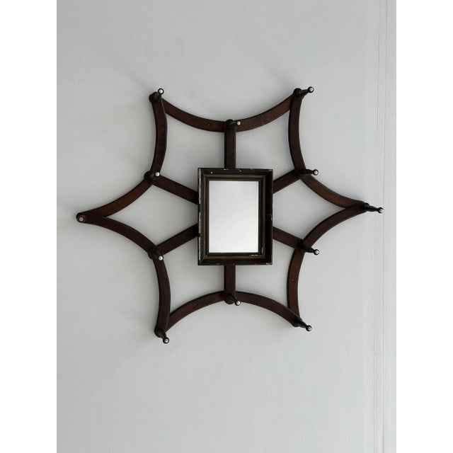 Antique Victorian Walnut Spiderweb Accordion Wall Rack With Central Mirror, Circa 1880s For Sale - Image 4 of 17