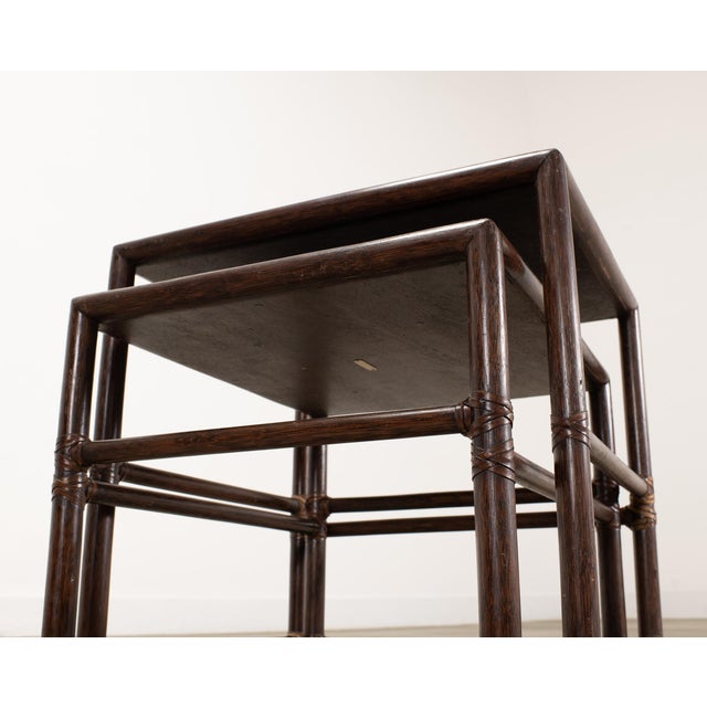 Nest of Three McGuire Rattan Cane Raffia and Oak Side Tables For Sale - Image 18 of 18