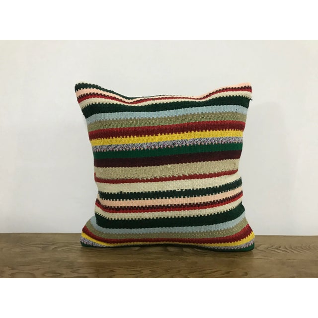 Vintage Striped Turkish Handwoven Multicolor Kilim Pillow Cover For Sale In Phoenix - Image 6 of 6