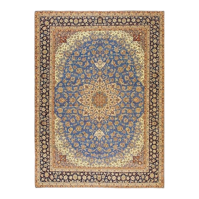 1940s Blue Traditional Floral Antique Esfahan Formal Handknotted Wool Carpet Rug For Sale