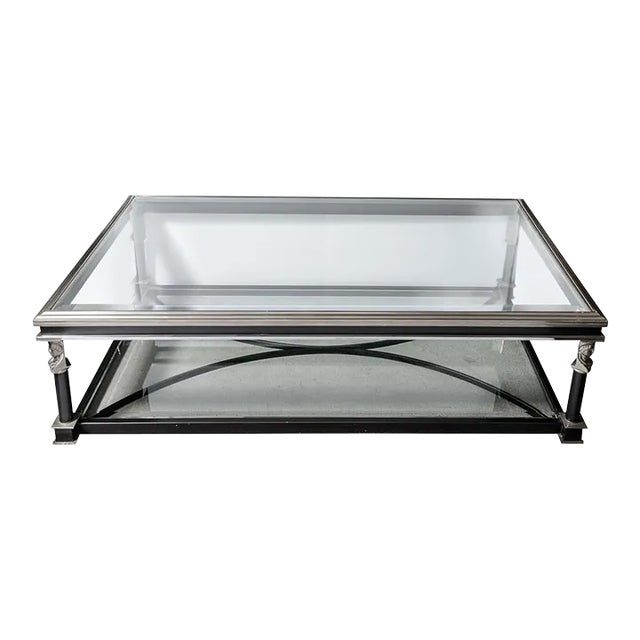 Vintage Iron & Glass Tow Tier Coffee Table With Figural Mounts. For Sale