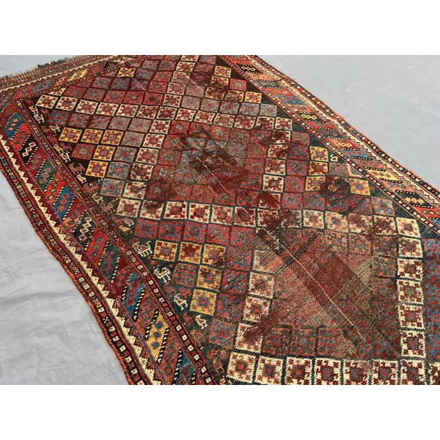 Real Antique Distressed Caucasian Tribal Rug With Diamond Lattice Design in Multicolor Geometric Pattern Rug For Sale - Image 6 of 10
