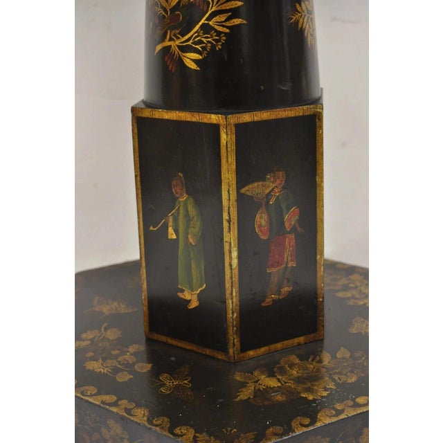 Antique Chinoiserie Hand Painted Pedestal Base Oriental Sewing Stand Side Table For Sale - Image 11 of 12