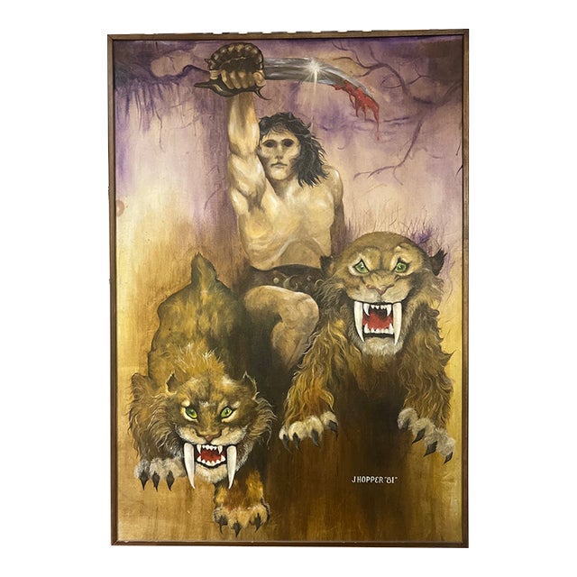 Oil on Canvas by American Artist Joy Hopper Titled “The Conqueror”made in 1981 in Style of Frank Frazetta Framed Signed For Sale