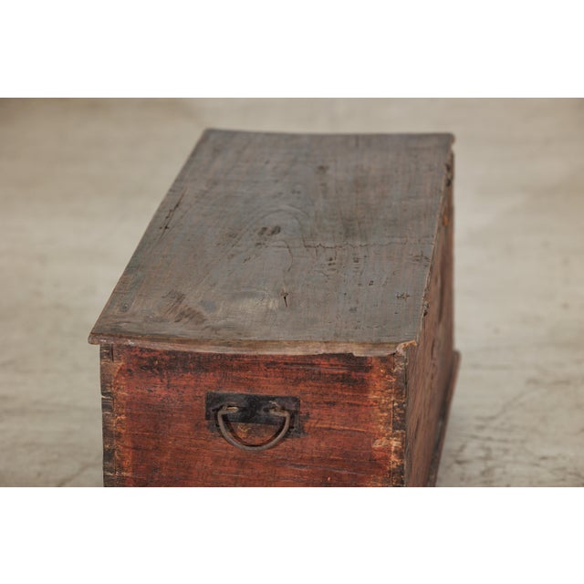 Brown Antique Indian Painted Chest with Hinged Lid and Traces of Original Mirrors For Sale - Image 8 of 18