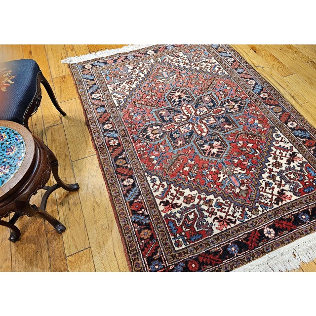 Vintage Heriz Rug, Hand-Knotted Wool, Geometric Medallion Pattern, Red & Navy, 5x7 For Sale In Chicago - Image 6 of 15