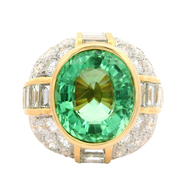 Early 21st Century 5.99 Carat Neon-Green Paraiba Tourmaline Diamond 18k Yellow Gold Ring, Aigs Cert, Size 5.75 For Sale - Image 5 of 8