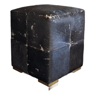 Made Goods Essex Stool in Midnight Hair-on-Hide Patchwork Leather Cube Ottoman Modern Organic Accent Stool For Sale
