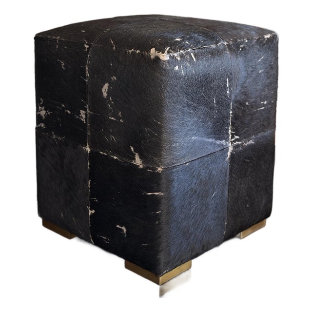Made Goods Essex Stool in Midnight Hair-on-Hide Patchwork Leather Cube Ottoman Modern Organic Accent Stool For Sale
