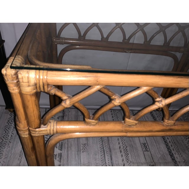 Pair Vintage 1970s California Organic Modern Cathedral Arch Rattan Side Tables For Sale - Image 9 of 12