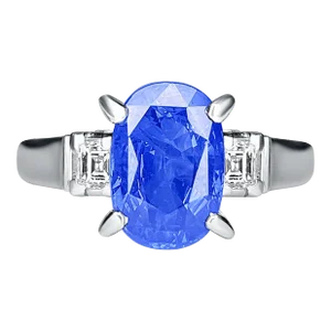 Vintage 3.25 Carat Oval Cut Natural Blue Sapphire & Platinum 3 Stone Ring Size 7.75