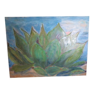 A Large Original Acrylic on Canvas Signed T. Jalisca, of a "Agave" Plant in Shades of Green and BlueWith a Blue Back Ground in the Manner Mark Gates For Sale