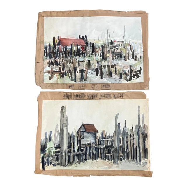 1970s 2 Vintage Expressionist Watercolor Fishing Village Paintings Set of Two For Sale