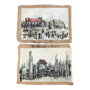1970s 2 Vintage Expressionist Watercolor Fishing Village Paintings Set of Two
