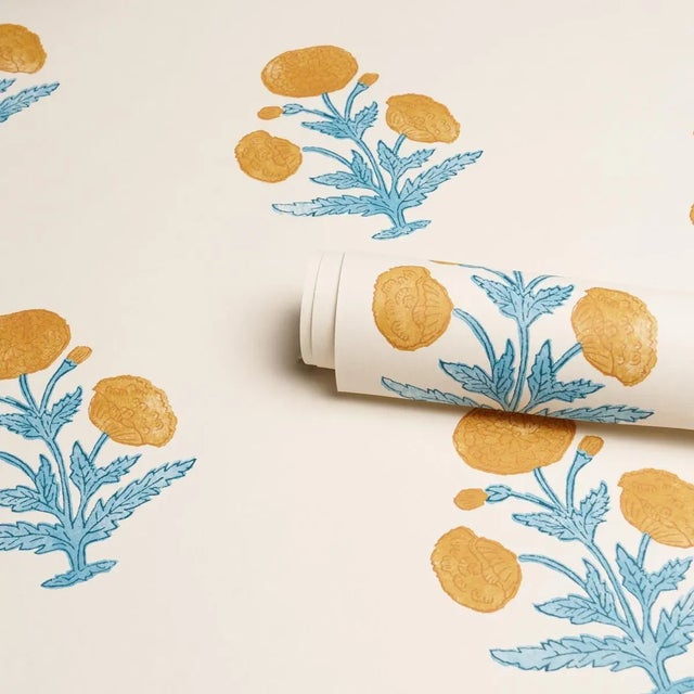 Schumacher SAMPLE - Schumacher x Molly Mahon Poppy Print Wallpaper In Mustard & Sky For Sale - Image 4 of 4