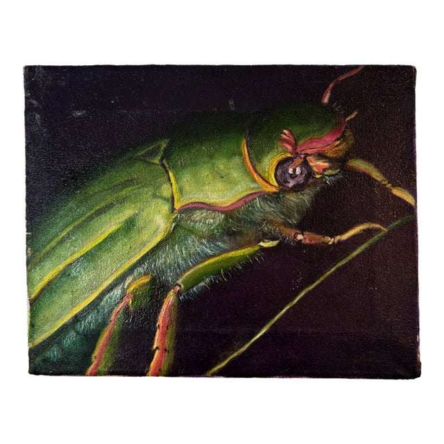 Vintage Oil Painting of Green Beetle on Canvas For Sale