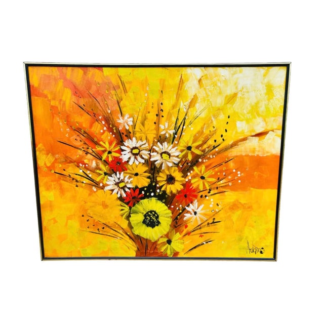 Orange Mid Century Modern Oil on Canvas Floral Painting by Adams For Sale - Image 8 of 8