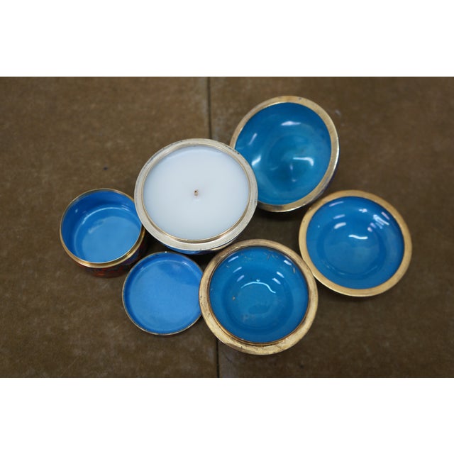 Mid 20th Century Set of 3 Chinese Cloisonne Enamel Keepsake Trinket Storage Boxes & Apple Candle For Sale - Image 12 of 14