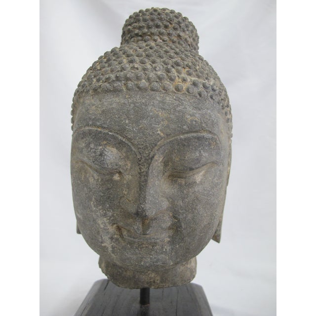 Figurative Antique Thai Carved Stone Ayutthaya Style Buddha Head Sculpture on Stand For Sale - Image 3 of 10