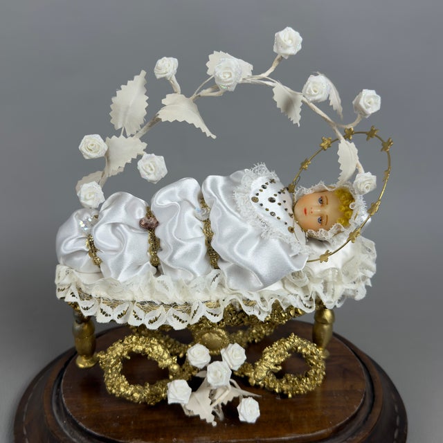Vintage Mary Child in Bell Wax Golden Cradle with Wooden Base, 1950s For Sale - Image 6 of 12