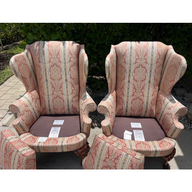Vintage Southwood Queen Anne Wingback Lounge Chairs With Carved Claw Feet – Pair For Sale - Image 9 of 10