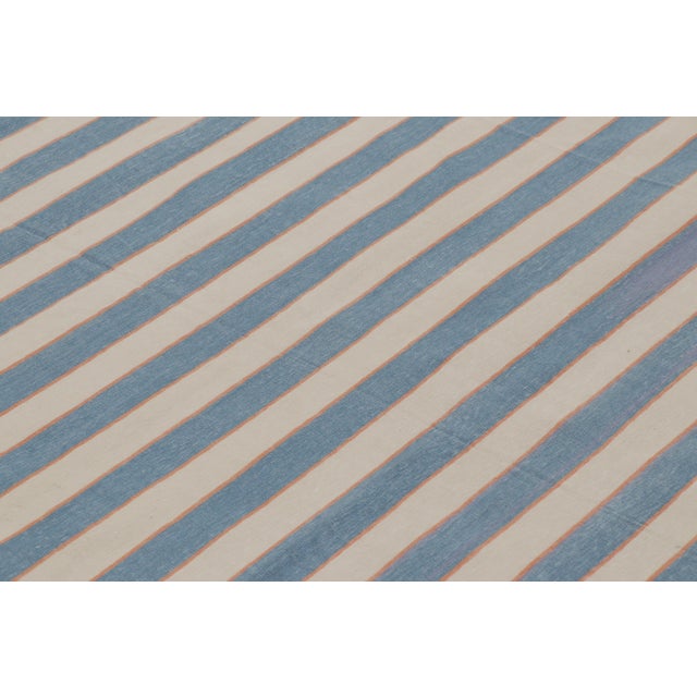 2010s Rug & Kilim’s Indian Dhurrie Rug in Slate Blue and Ivory Stripes For Sale - Image 5 of 10