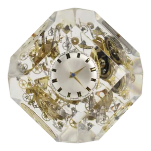 Vintage Decorative Floating Clock and Watch Mechanical Parts Lucite Resin Faceted Cube Paperweight Sculpture