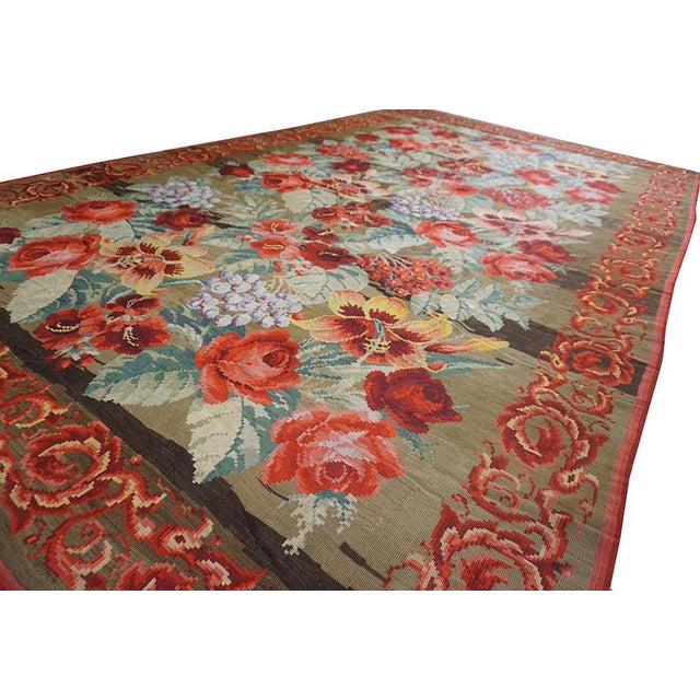 Gray 1900s Large Scale Olive Antique French Floral European Folk Besserabian Wool Rug For Sale - Image 8 of 11