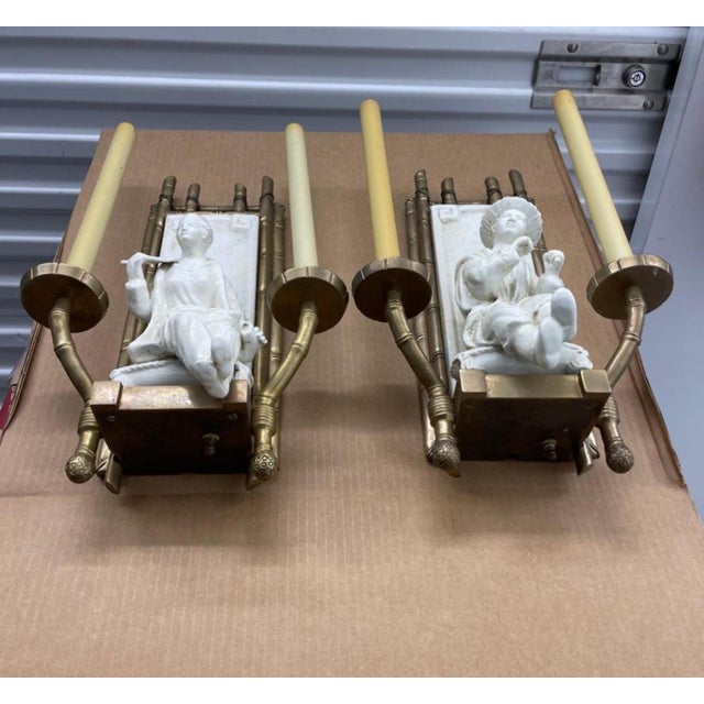 Brass Vintage Chapman Chinoiserie Faux Bamboo Brass, Ceramic Two-Light Sconces, a Pair For Sale - Image 8 of 12