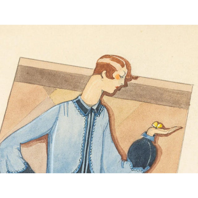 1920s Art Deco Fashion Drawing, Gouache on Paper, Framed For Sale - Image 5 of 11